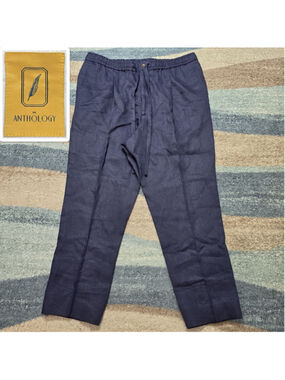 The Anthology Pants Mens Japanese Linen IT54 Navy Drawstring Pleated Italy